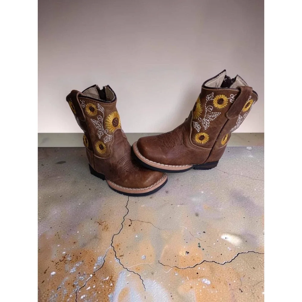 Kids Brown Sunflower Embroidered Western Cowboy Boots Square Toe Size 7 Toddler